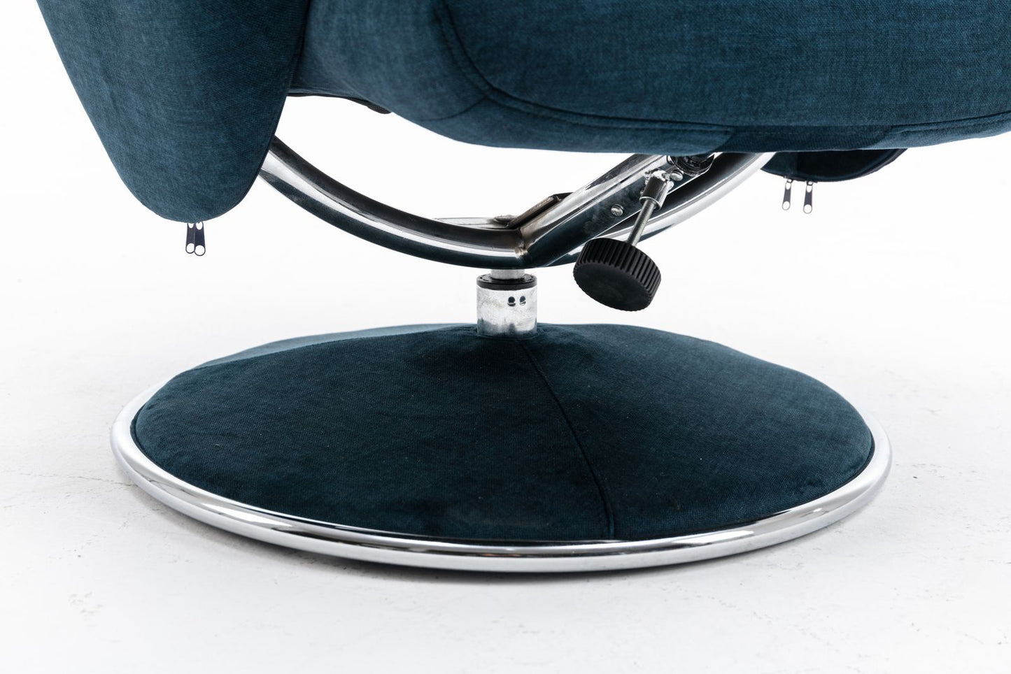 Global Furniture Alliance Paddington swivel recliner chair in Deep Sea blue colour fabric and metal fabric covered base