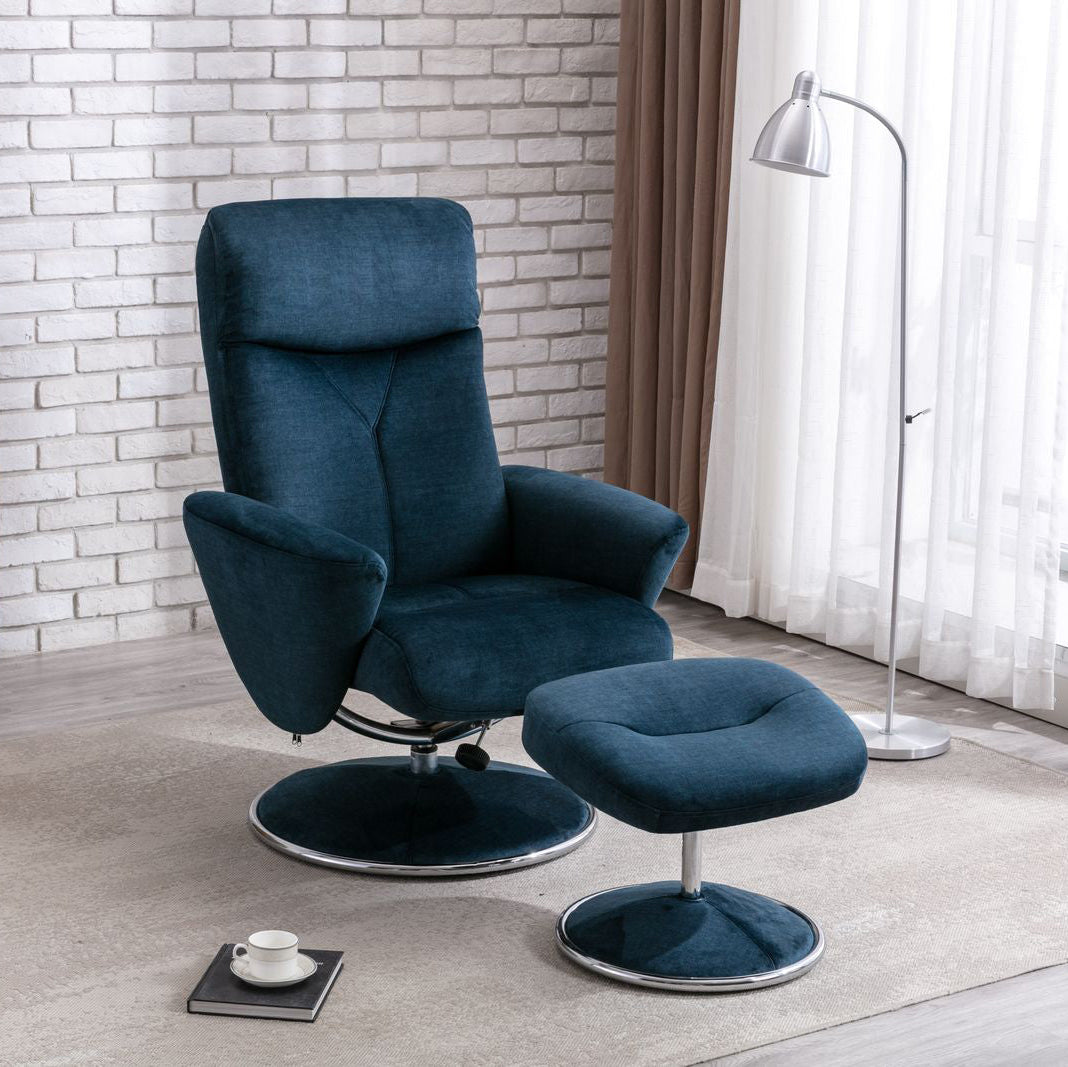 Global Furniture Alliance Paddington swivel recliner chair and matching footstool in Deep Sea blue fabric