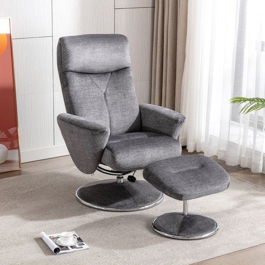 Global Furniture Alliance Paddington 360 degree swivel chair and matching footstool in Graphite grey colour fabric