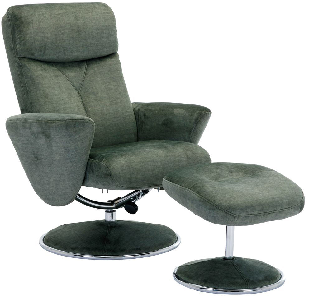 Global Furniture Alliance Paddington Swivel Recliner Chair and footstool  in Moss Green colour Fabric with metal base