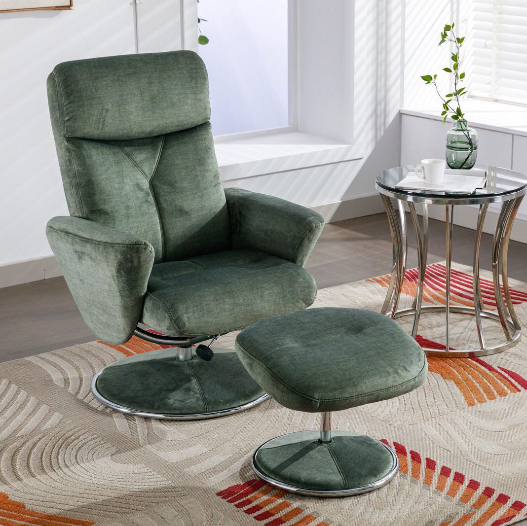 Global Furniture Alliance Paddington Chair and footstool in Moss Green colour fabric with metal base