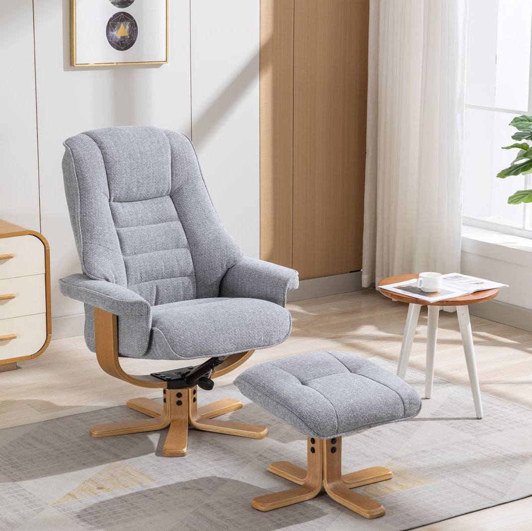 Global Furniture Alliance Sardinia swivel Chair and matching footstool in Cha Cha Dove colour Fabric and a mid oak base
