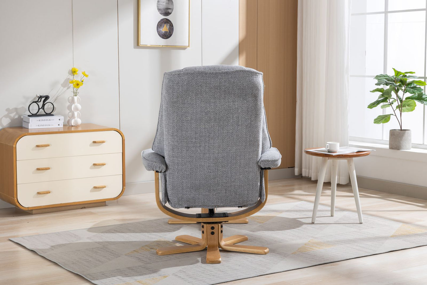 Global Furniture Alliance Sardinia swivel Chair in Cha Cha Dove Fabric with a mid oak base
