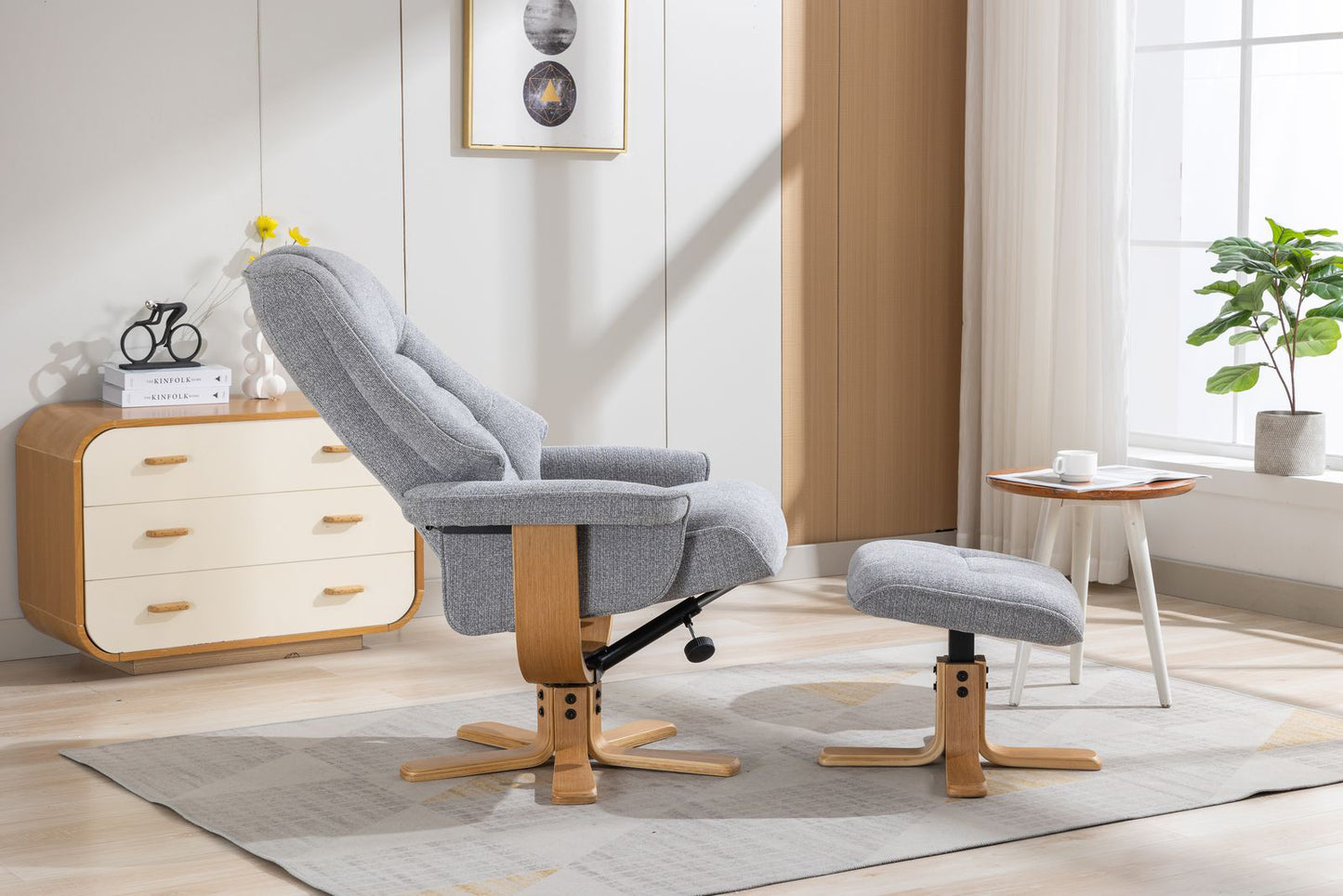 Global Furniture Alliance Sardinia swivel Chair and footstool in Cha Cha Dove colour Fabric