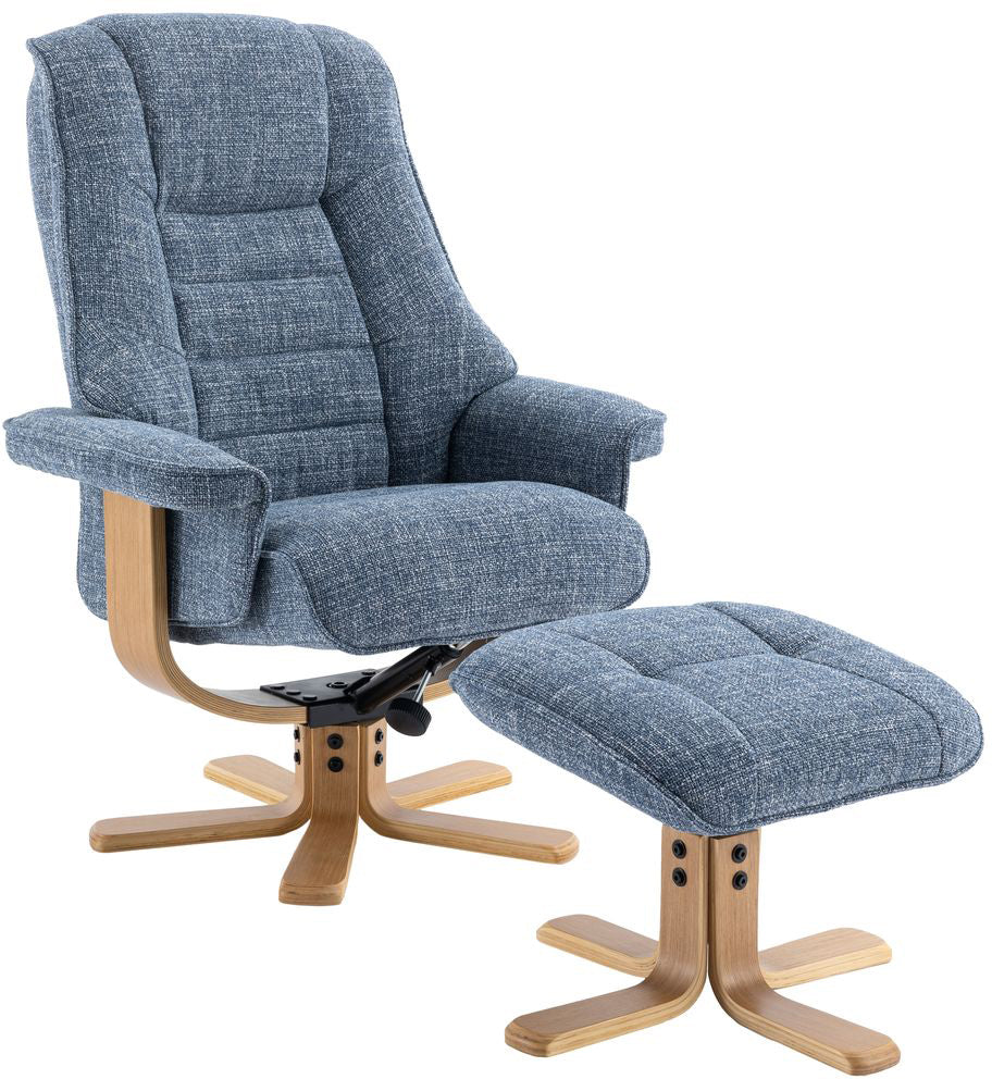 Global Furniture Alliance Sardinia 360 degree swivel Chair and matching footstool in Cha Cha Ocean Fabric with a mid oak base