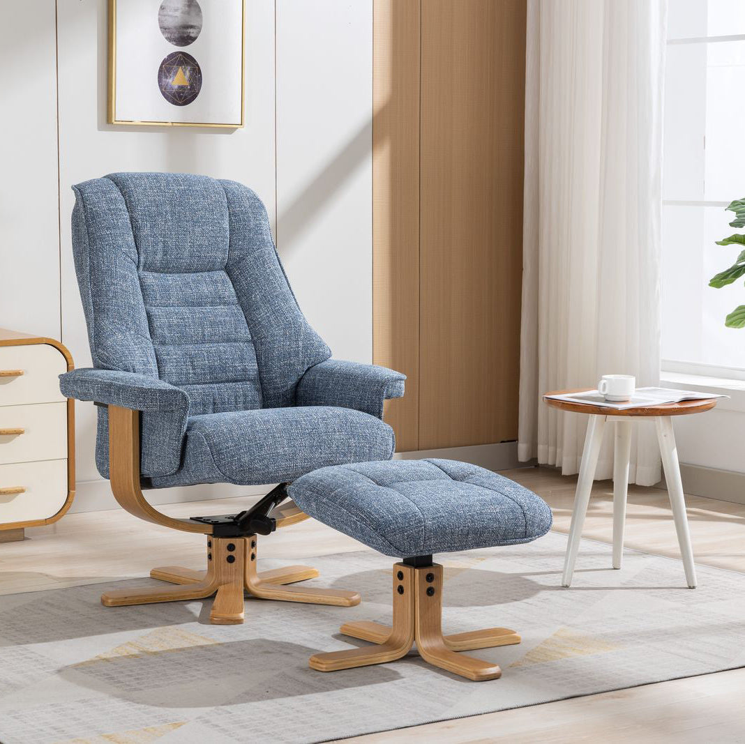 Global Furniture Alliance Sardinia swivel Chair and footstool in Cha Cha Ocean Fabric with a mid oak base