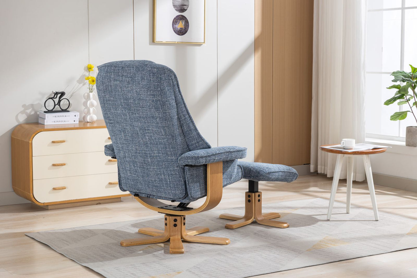 Global Furniture Alliance Sardinia swivel Chair and footstool in Cha Cha Ocean colour Fabric with a mid oak base