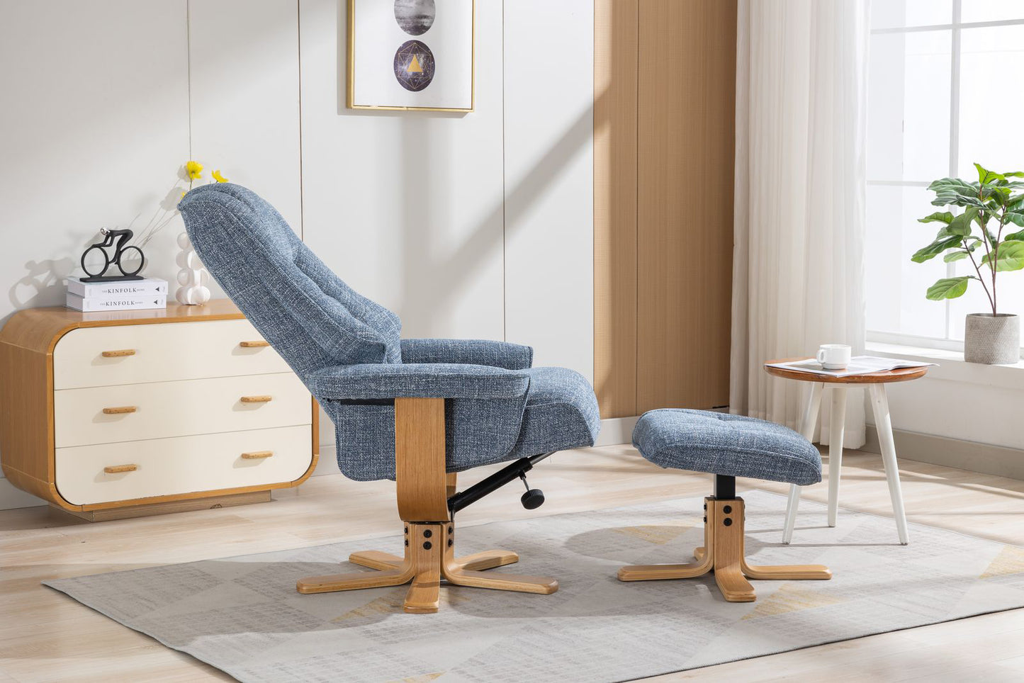 Global Furniture Alliance Sardinia swivel recliner Chair and footstool in Cha Cha Ocean Fabric with a mid oak base