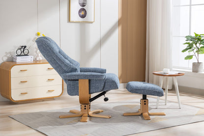 Global Furniture Alliance Sardinia swivel recliner Chair and footstool in Cha Cha Ocean Fabric with a mid oak base