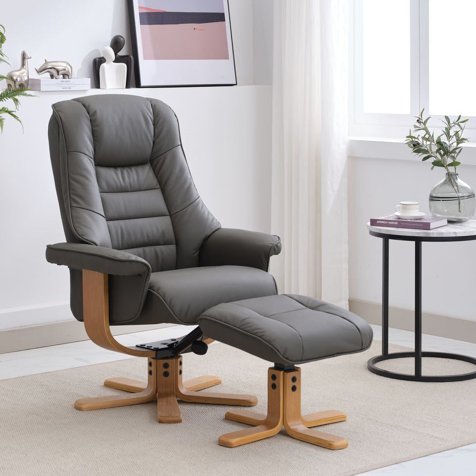 Global Furniture Alliance Sardinia 360 degree swivel chair and footstool in Cinder Leather with mid oak base