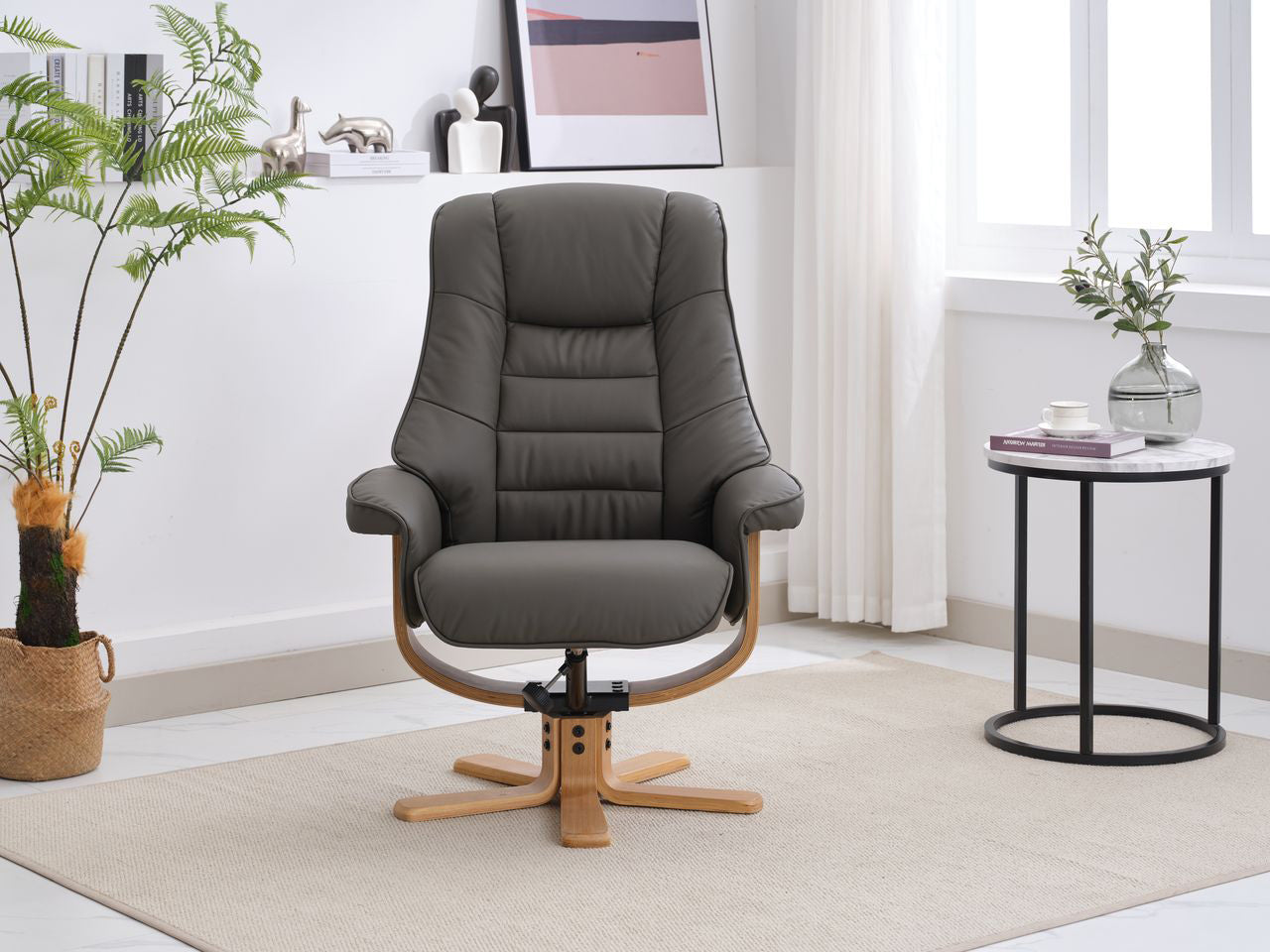 Global Furniture Alliance Sardinia swivel recliner chair in Cinder Leather with mid oak base