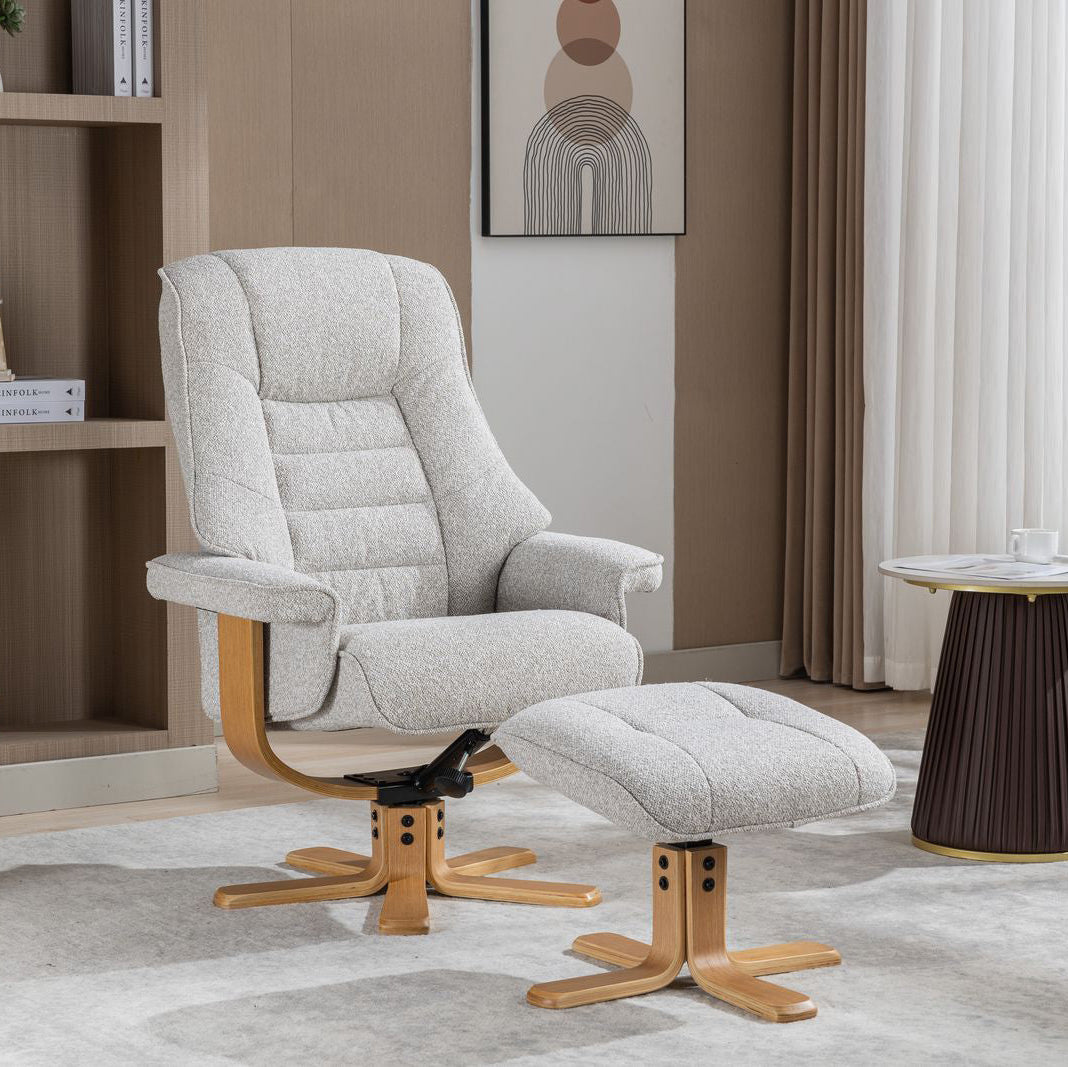 Global Furniture Alliance Sardinia swivel Chair and matching footstool in Greige Fabric with mid oak base