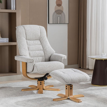 Global Furniture Alliance Sardinia swivel Chair and matching footstool in Greige Fabric with mid oak base