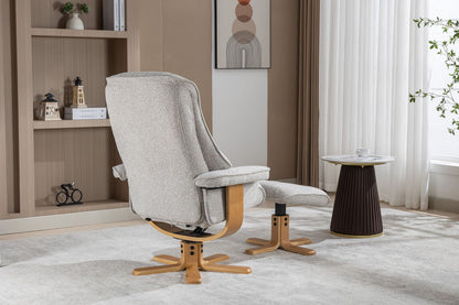 Global Furniture Alliance Sardinia swivel Chair and footstool in Greige Fabric with a mid oak base
