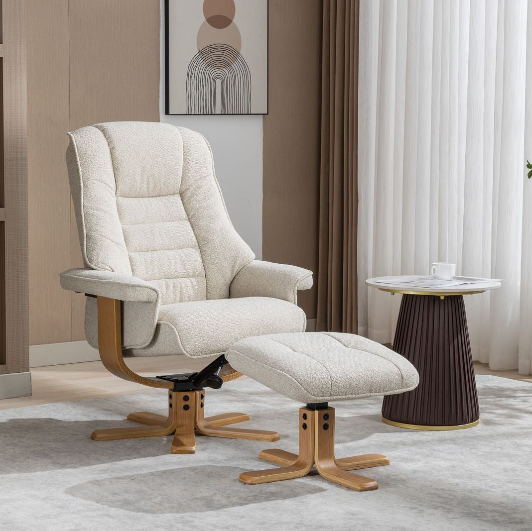 Global Furniture Alliance Sardinia 360 degree swivel Chair and matching footstool in Hessian Fabric and mid oak base