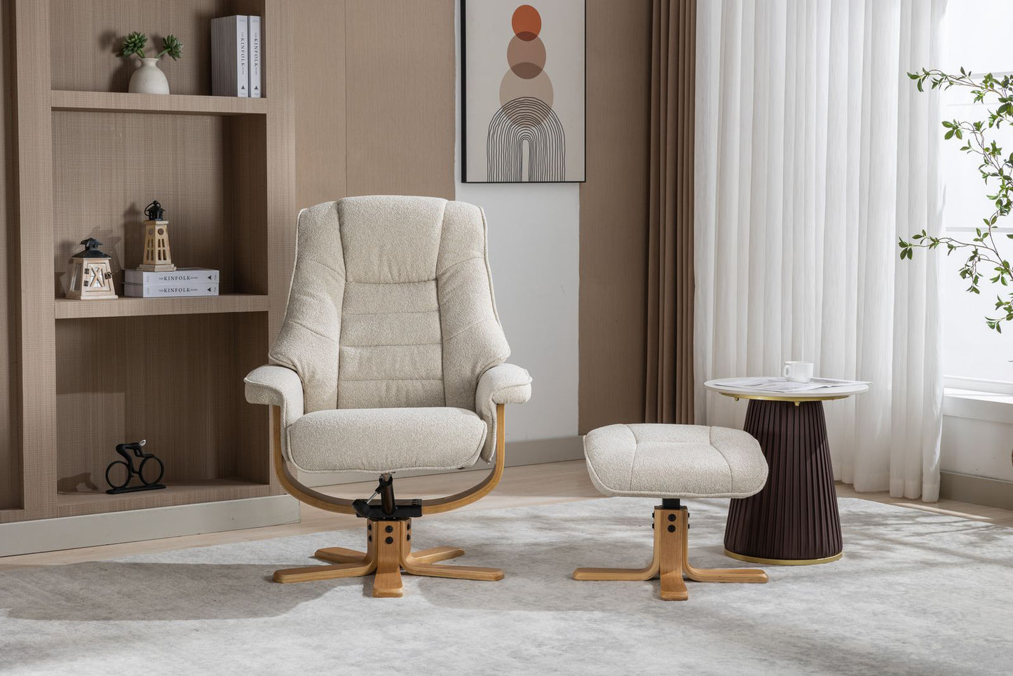 Global Furniture Alliance Sardinia Swivel Chair and matching footstool in natural colour Hessian Fabric with mid oak base