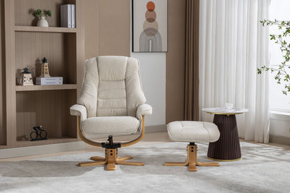 Global Furniture Alliance Sardinia Swivel Chair and matching footstool in natural colour Hessian Fabric with mid oak base