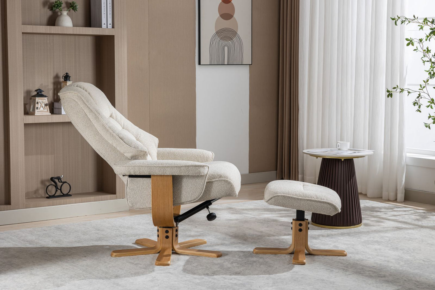 Global Furniture Alliance Sardinia swivel recliner Chair and footstool in Hessian Fabric with a mid oak base