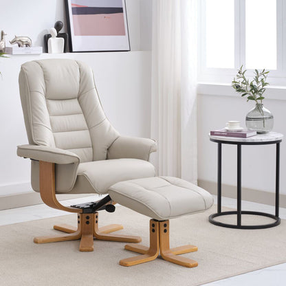 Global Furniture Alliance Sardinia 360 degree swivel Chair and matching footstool in Mushroom coloured Leather with a mid oak base