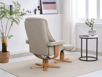 Global Furniture Alliance Sardinia Chair and footstool in Mushroom coloured Leather with a mid oak base