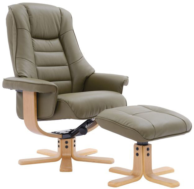 Global Furniture Alliance Sardinia 360 degree swivel Chair in Olive Green Leather with matching footstool. 