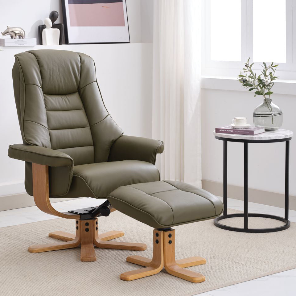 Global Furniture Alliance Sardinia swivel Chair and matching footstool in Olive Green Leather and mid oak base