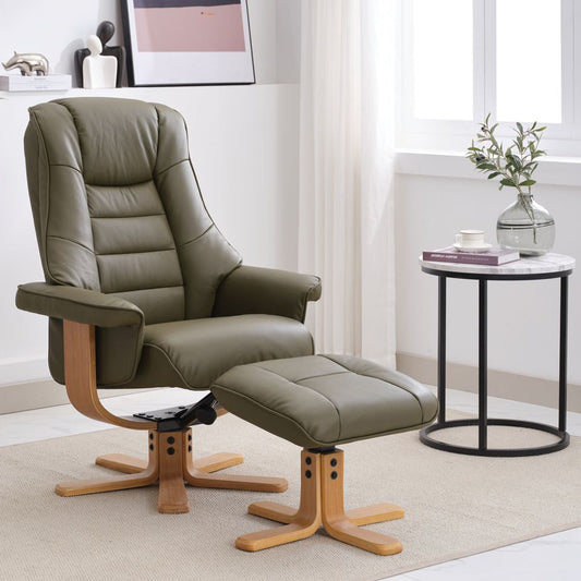 Global Furniture Alliance Sardinia swivel Chair and matching footstool in Olive Green Leather and mid oak base