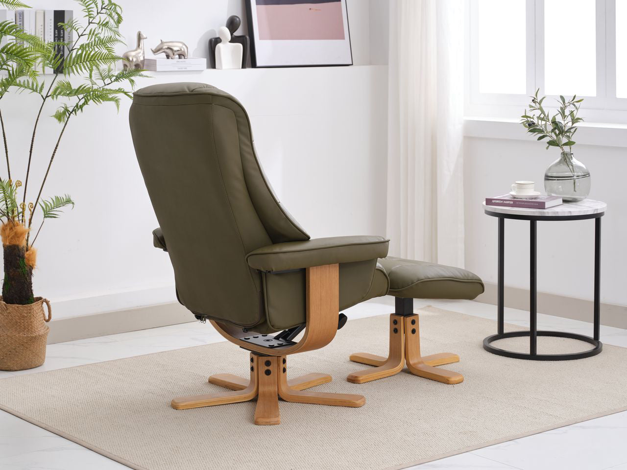 Global Furniture Alliance Sardinia Chair and matching footstool in Olive Green Leather with mid oak base