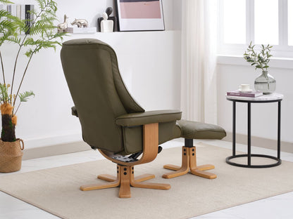 Global Furniture Alliance Sardinia Chair and matching footstool in Olive Green Leather with mid oak base