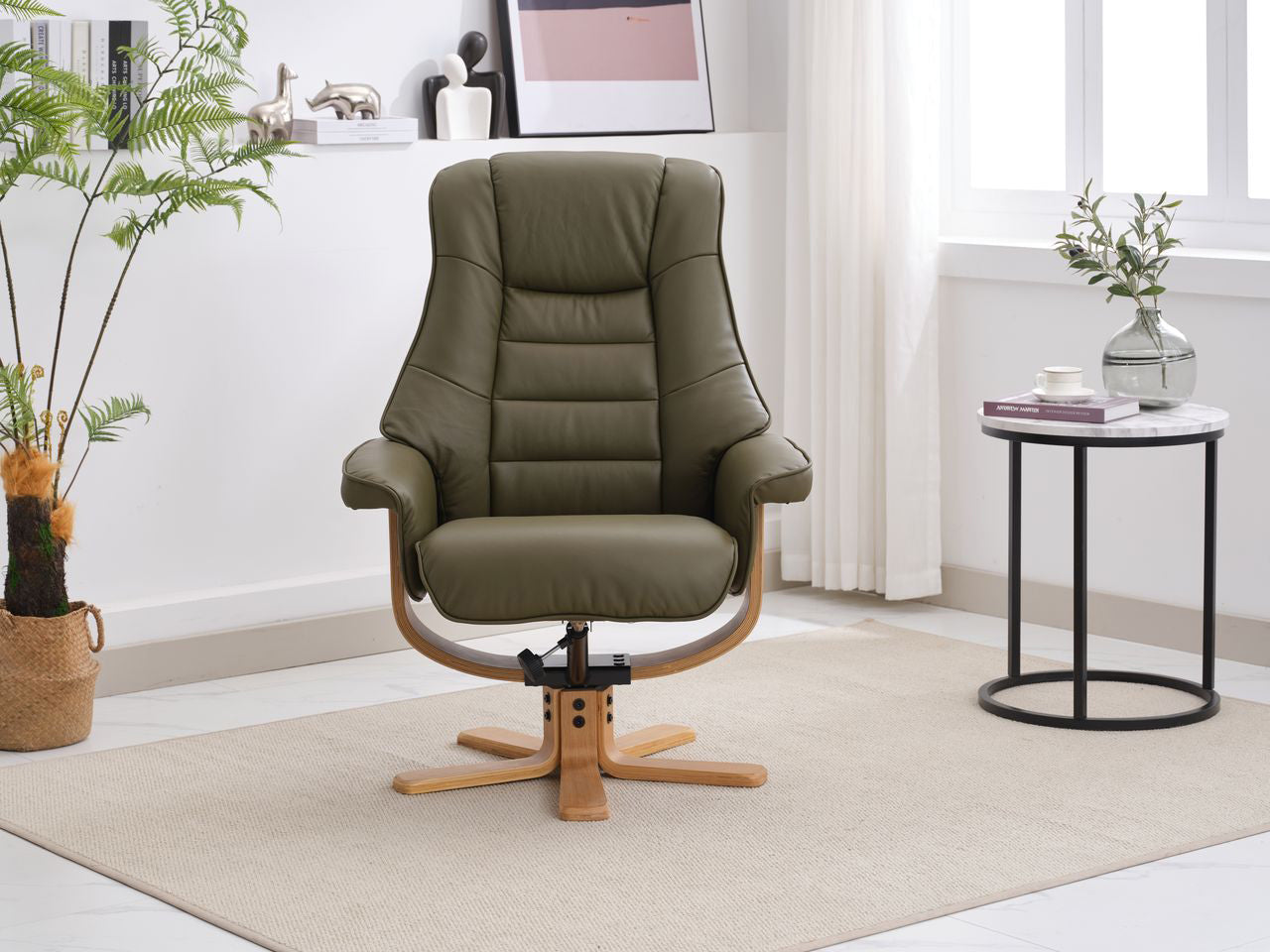 Global Furniture Alliance Sardinia swivel Chair in Olive Green Leather with mid oak base