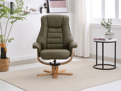 Global Furniture Alliance Sardinia swivel Chair in Olive Green Leather with mid oak base