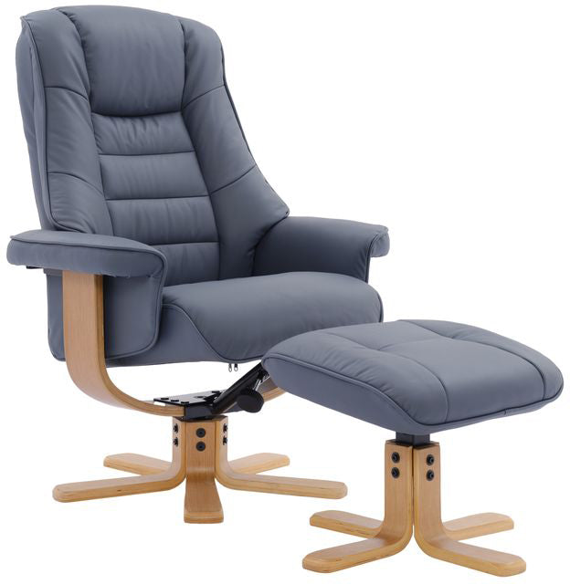 Global Furniture Alliance Sardinia swivel Chair and matching footstool in Petrol Blue Leather with mid oak base