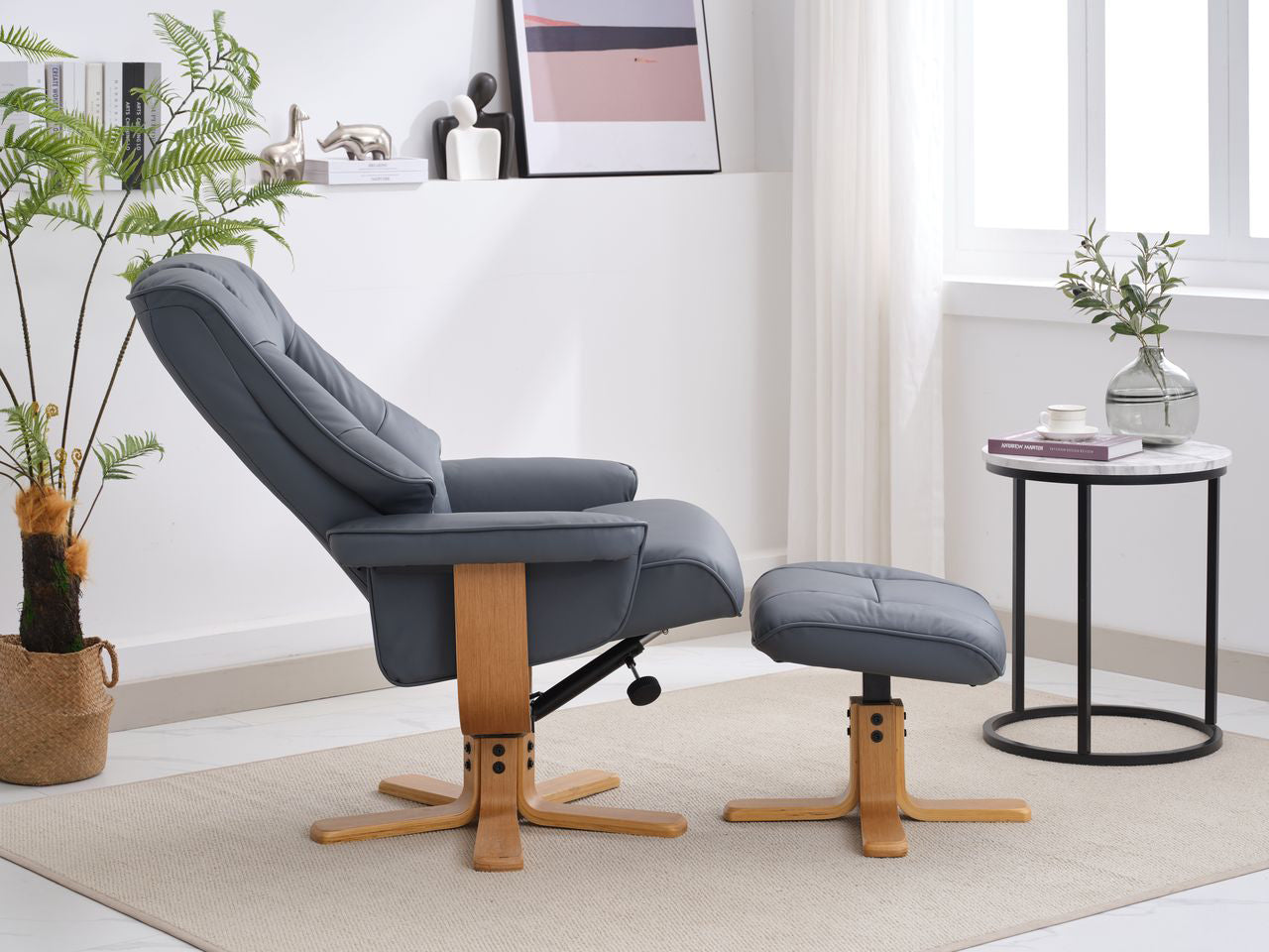 Global Furniture Alliance Sardinia swivel Chair in Petrol Blue Leather with matching footstool