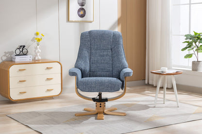 Global Furniture Alliance Sardinia swivel Chair in Cha Cha Ocean colour Fabric with a mid oak base