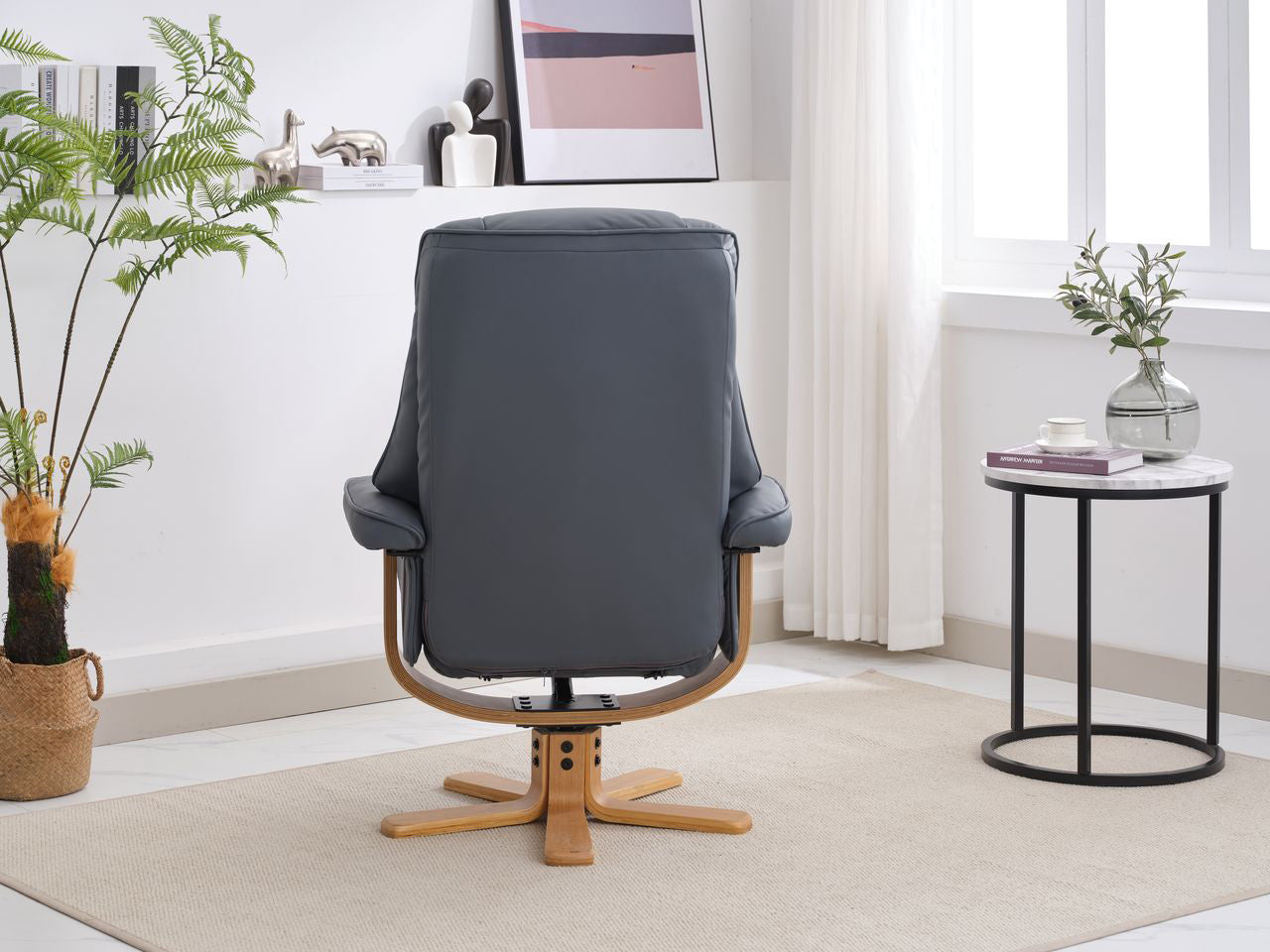 Global Furniture Alliance Sardinia swivel Chair in Petrol Blue Leather with mid oak base