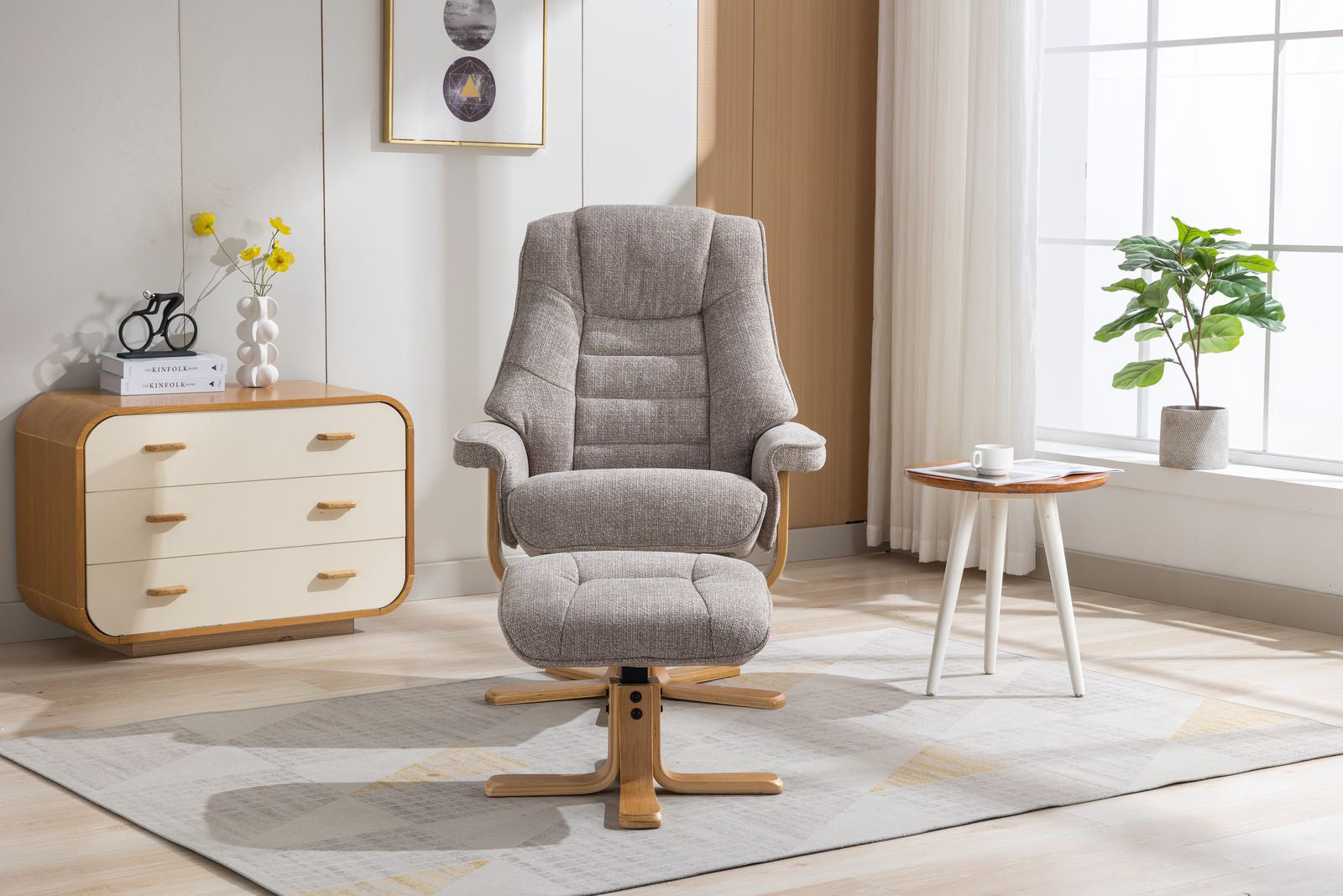 Global Furniture Alliance Sardinia Swivel Recliner Chair and matching footstool in Cha Cha Oat Fabric with a mid oak base