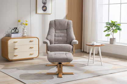 Global Furniture Alliance Sardinia Swivel Recliner Chair and matching footstool in Cha Cha Oat Fabric with a mid oak base