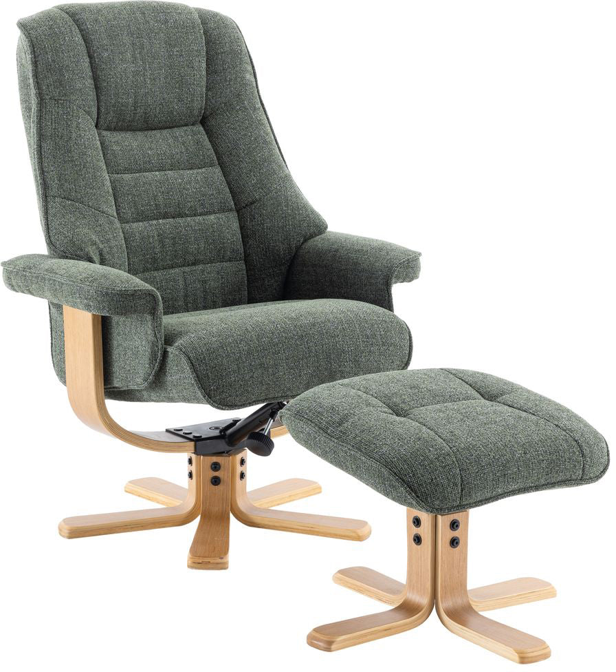 Global Furniture Alliance Sardinia Swivel Recliner Chair and matching footstool in Cha Cha Fern Green Fabric, with mid oak wood base
