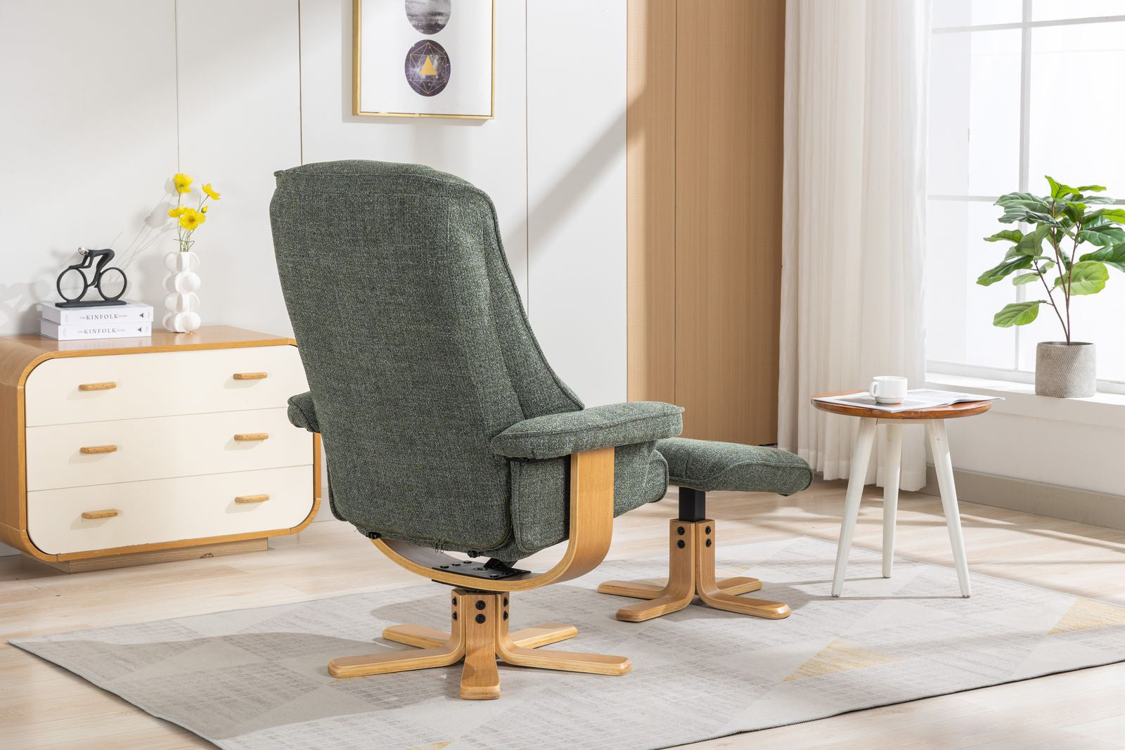 Global Furniture Alliance Sardinia Swivel Recliner Chair and footstool in Cha Cha Fern Green Fabric with a mid oak wooden base