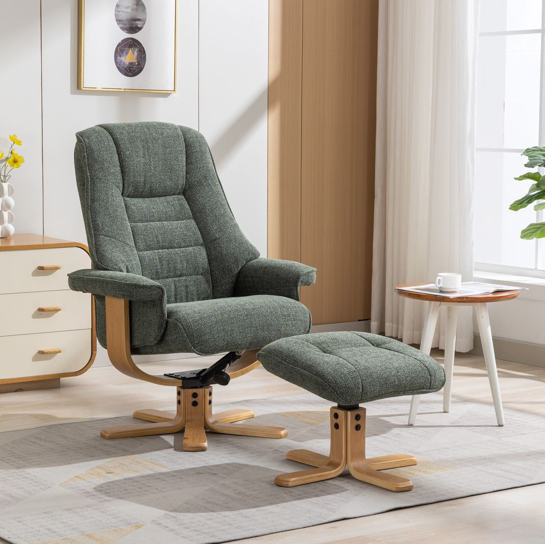 Global Furniture Alliance Sardinia Swivel Recliner Chair in Cha Cha Fern Green Fabric with a matching footstool, both have a mid oak wood star base