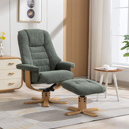 Global Furniture Alliance Sardinia Swivel Recliner Chair in Cha Cha Fern Green Fabric with a matching footstool, both have a mid oak wood star base