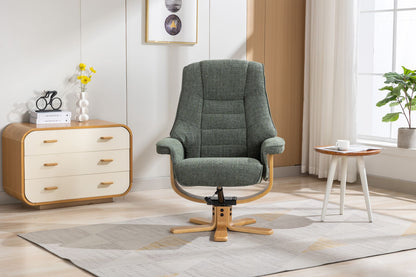 Global Furniture Alliance Sardinia Swivel Recliner Chair in Cha Cha Fern Green Fabric and a mid oak star base