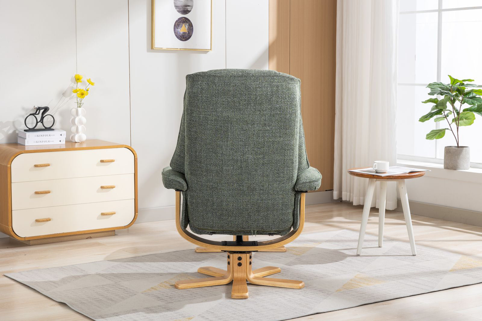 Global Furniture Alliance Sardinia Swivel Recliner Chair in Cha Cha Fern Fabric with a mid oak base