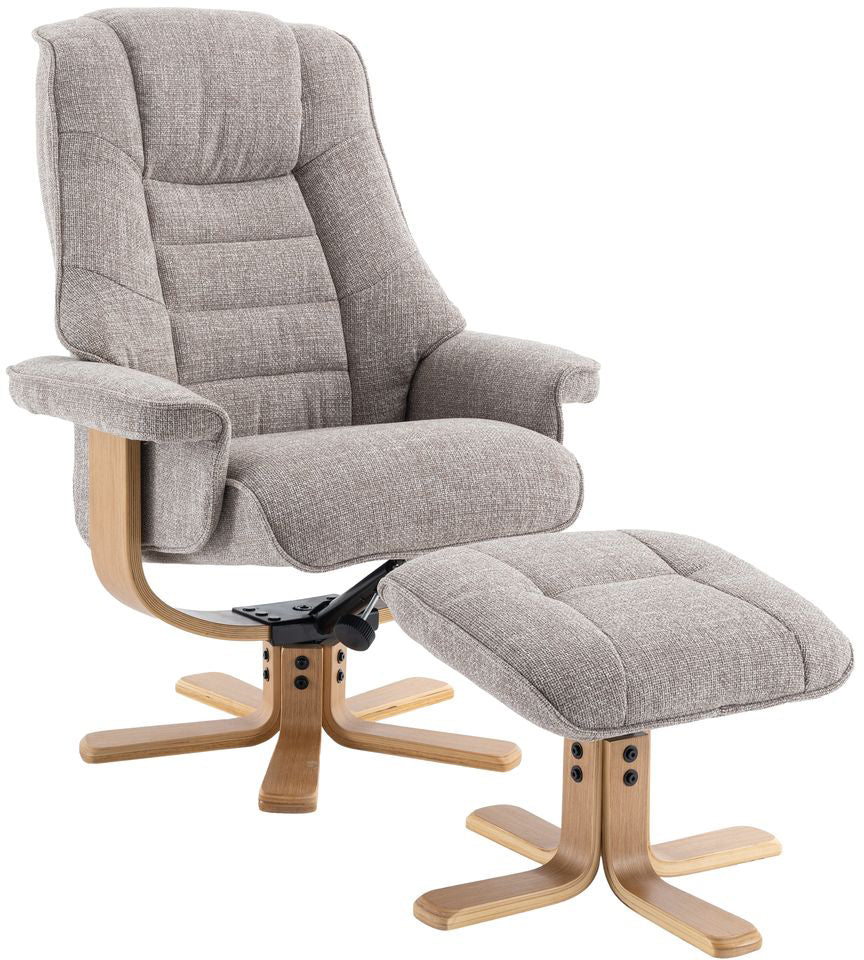 Global Furniture Alliance Sardinia Swivel Recliner Chair and footstool in Cha Cha Oat colour Fabric with a mid oak base