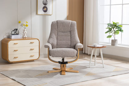 Global Furniture Alliance Sardinia Swivel and Recliner Chair in Cha Cha Oat Colour Fabric with a mid oak wood base
