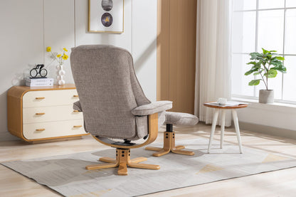 Global Furniture Alliance Sardinia Swivel Recliner Chair and footstool in Cha Cha Oat Fabric with a mid oak star base