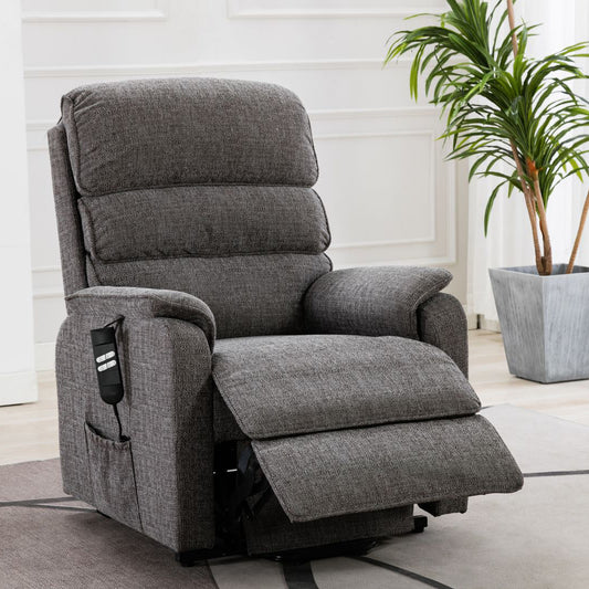 Global Furniture Alliance Valencia Riser Recliner Chair in Lisbon Grey Fabric with adjustable backrest and footrest and control handset