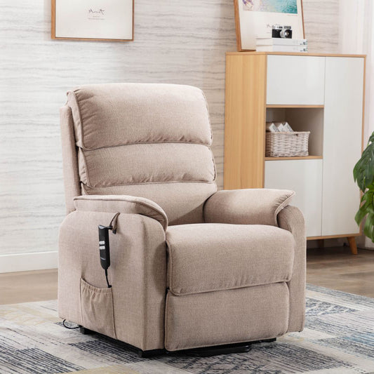 Global Furniture Alliance Valencia comfortable Riser Recliner Chair in Lisbon Wheat Fabric with side pocket and control handset