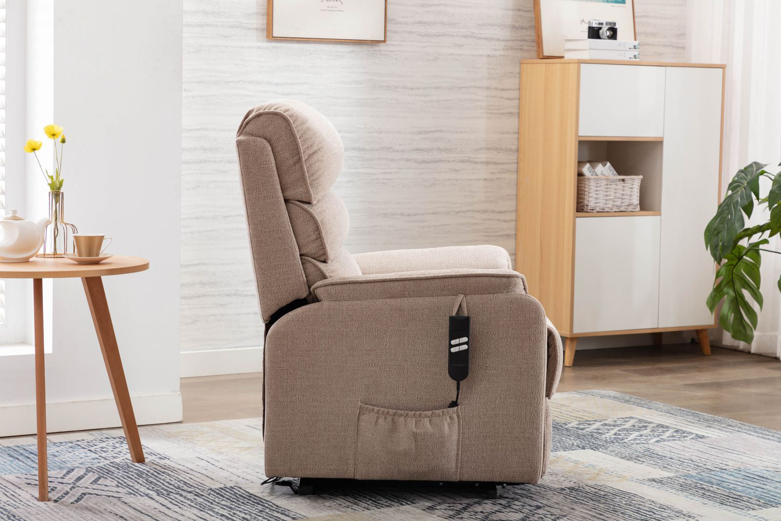 Global Furniture Alliance Valencia Riser Recliner Chair in Lisbon Wheat Fabric features a remote control handset and side pocket