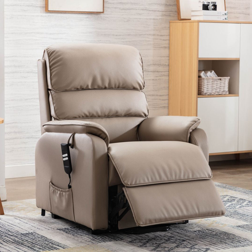 Global Furniture Alliance Valencia Riser Recliner Chair in Pebble Plush Fabric features easily adjustable backrest and footrest with the control handset